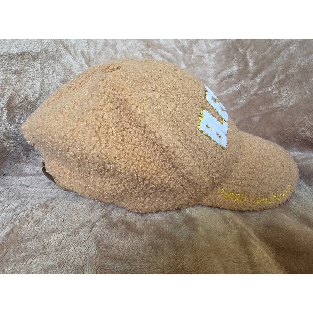 Simply Southern Blessed Tan Sherpa Fleece Baseball Cap Gold Glitter One Size
